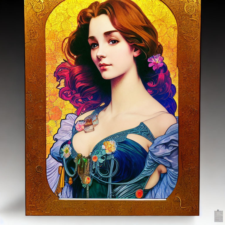 Art Nouveau Woman Illustration with Long Brown Hair and Blue Dress