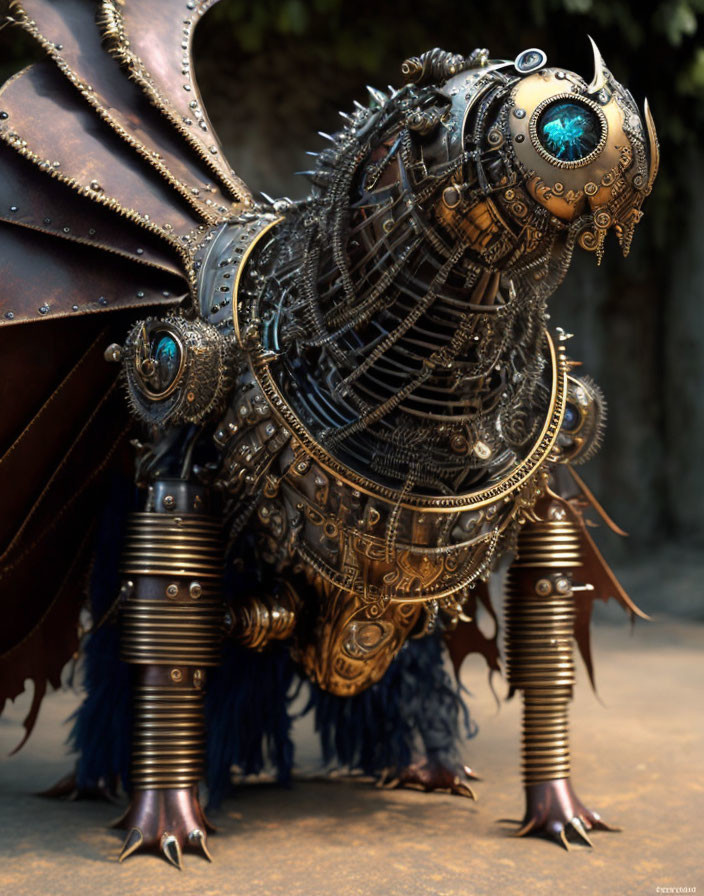 Steampunk mechanical owl with gears and glowing eyes beside a leather-bound book