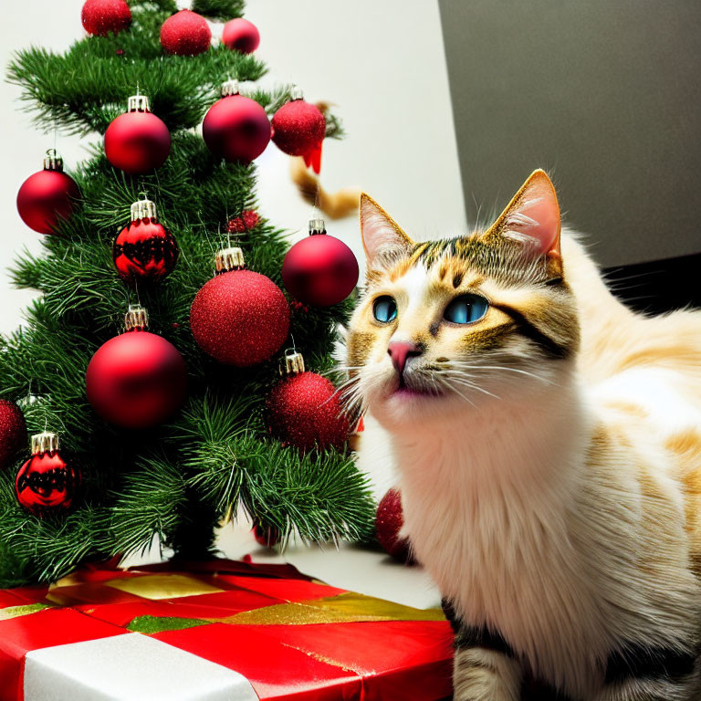 Curious cat with blue eyes near Christmas tree and presents