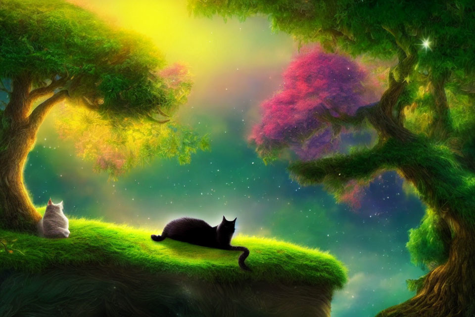 Whimsical digital art: Two cats on green floating islands under starry sky