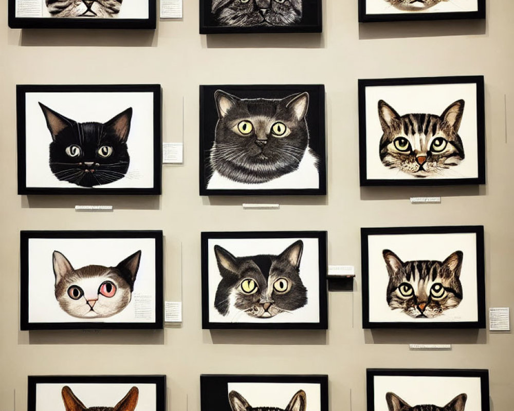 Various cat portraits with unique markings and expressions displayed in frames.