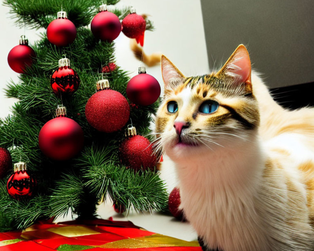 Curious cat with blue eyes near Christmas tree and presents