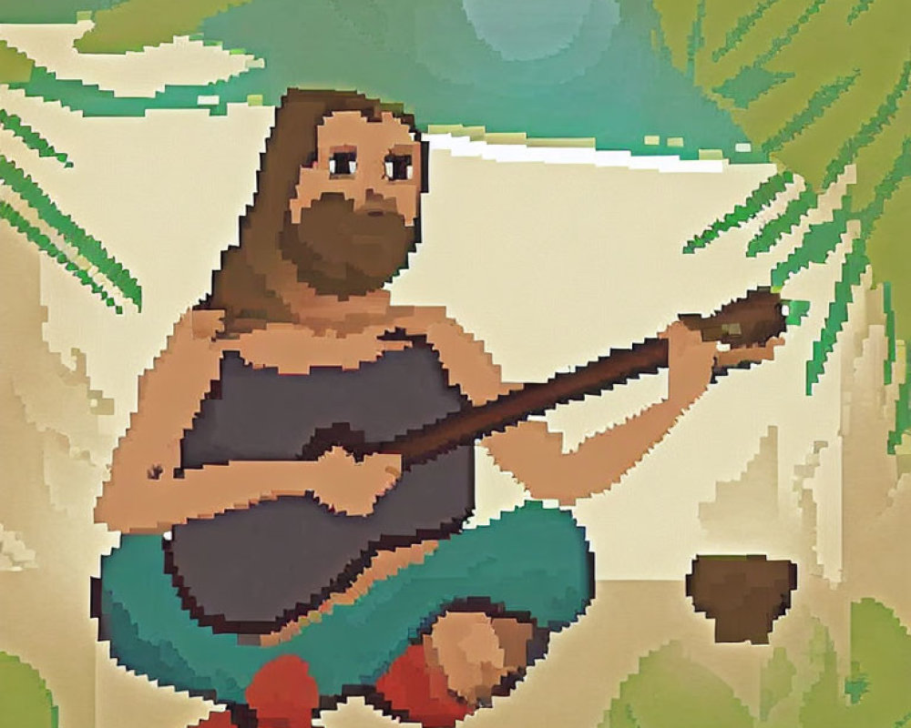 Pixelated Image: Bearded Person Playing String Instrument Outdoors