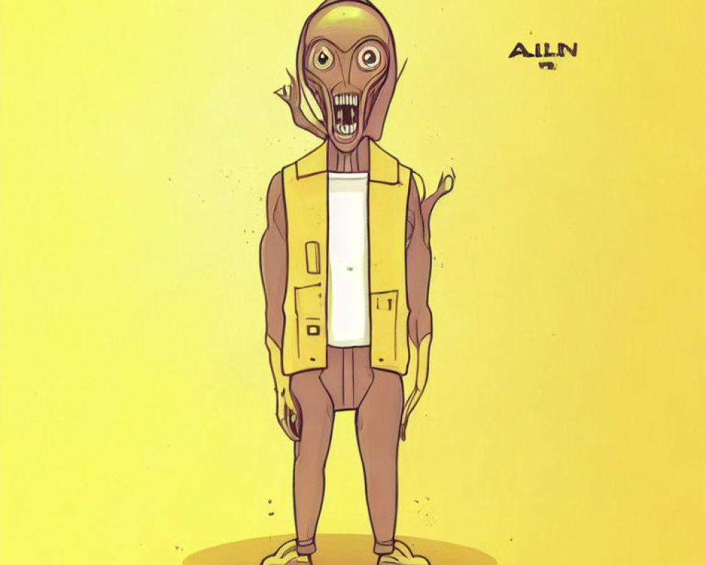 Stylized alien in spacesuit with large eyes on yellow background