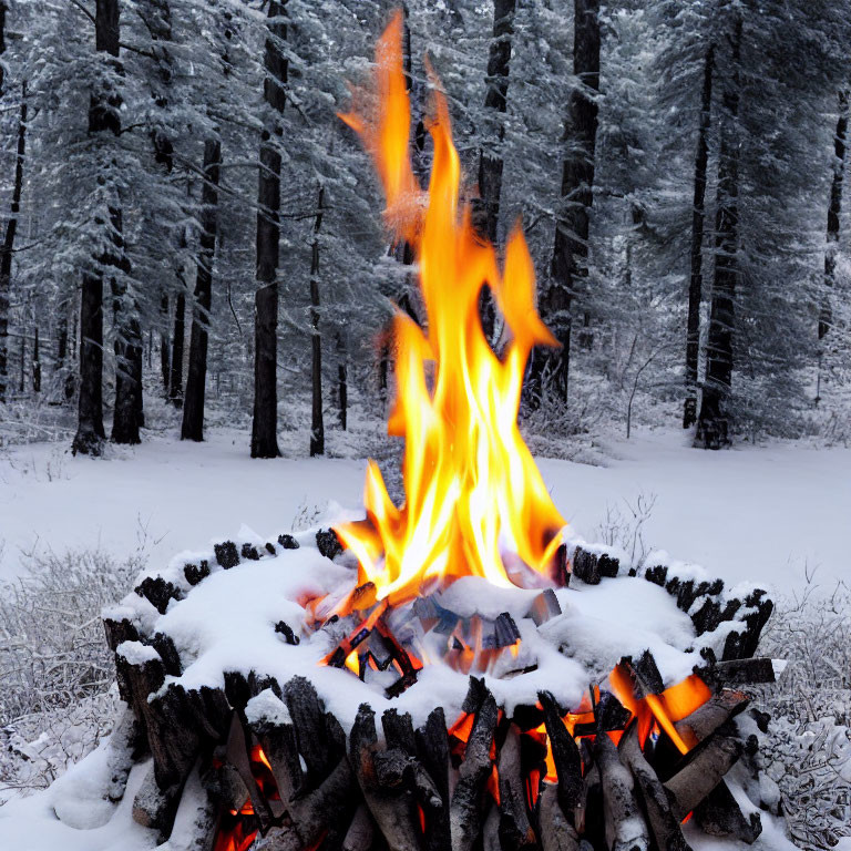 Snowy forest campfire with tall flames and logs in circle