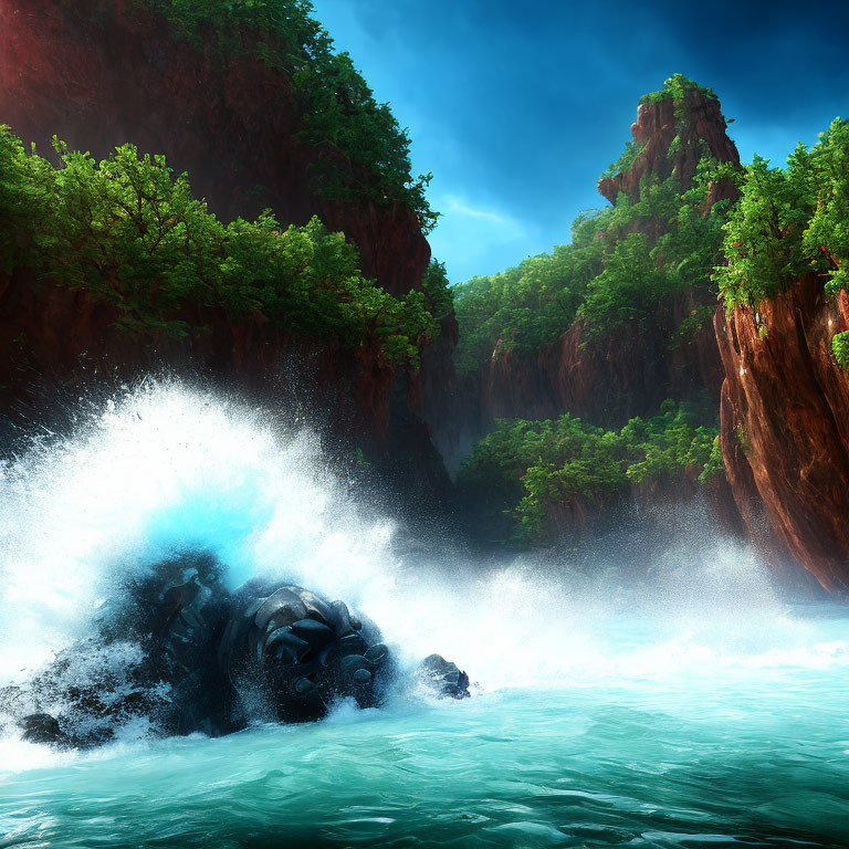 Digital Art: Vibrant Forest, Red Cliffs, Turquoise Sea & Crashing Wave