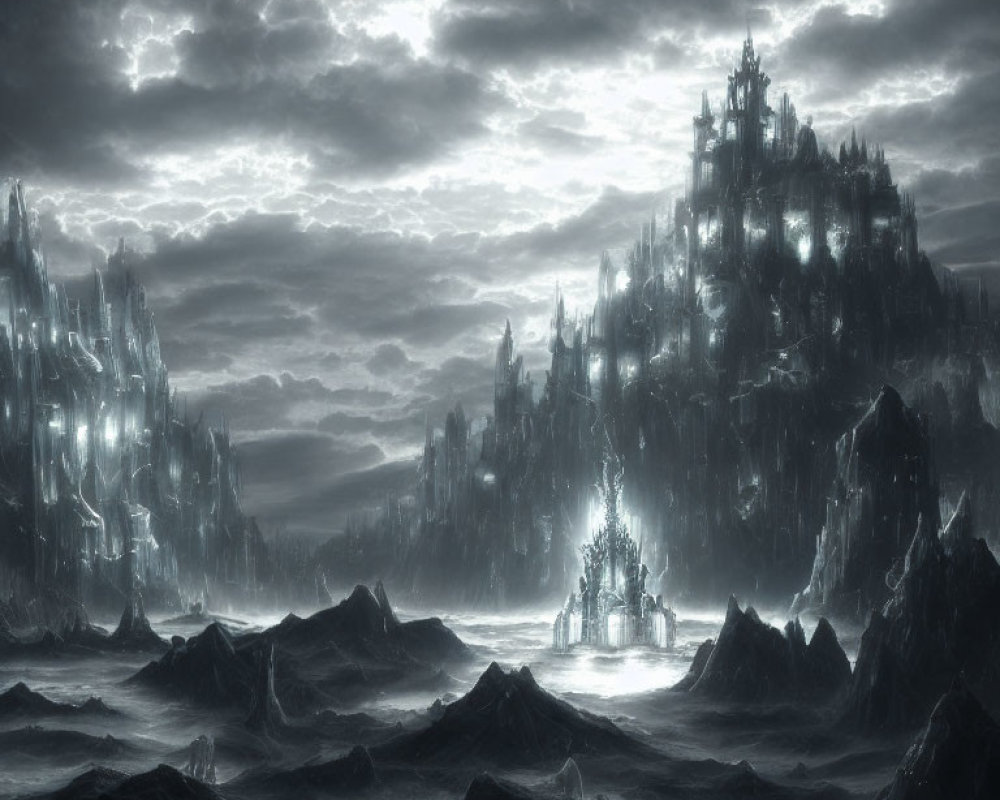 Monochromatic fantasy landscape with dark sea, rough waves, brooding sky, and towering castle.