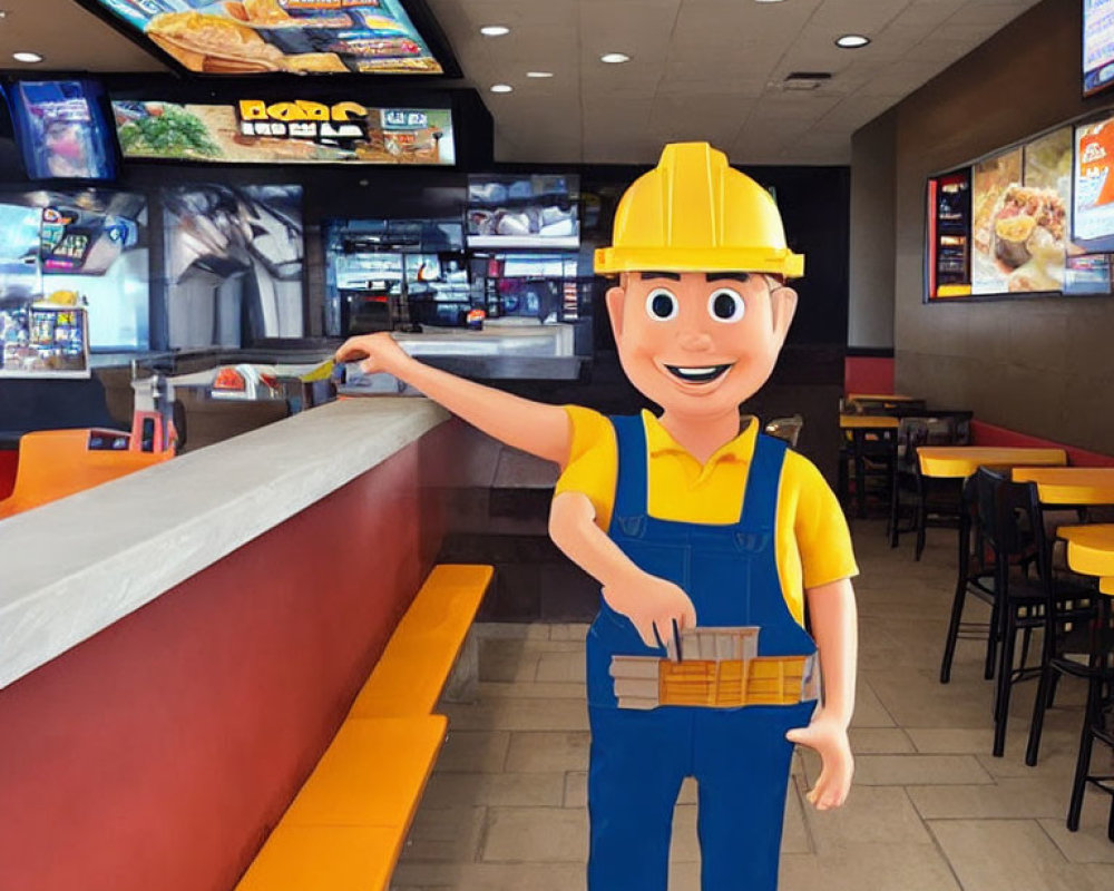 Construction worker animated character in fast-food restaurant with hard hat and brick.