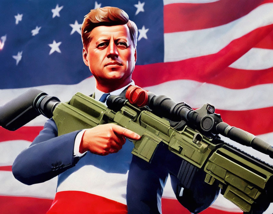Historical figure lookalike with green firearm and American flag.