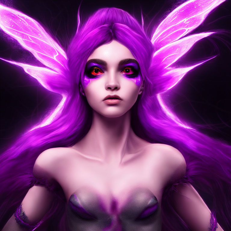 Fantasy female character with purple hair and butterfly wings.