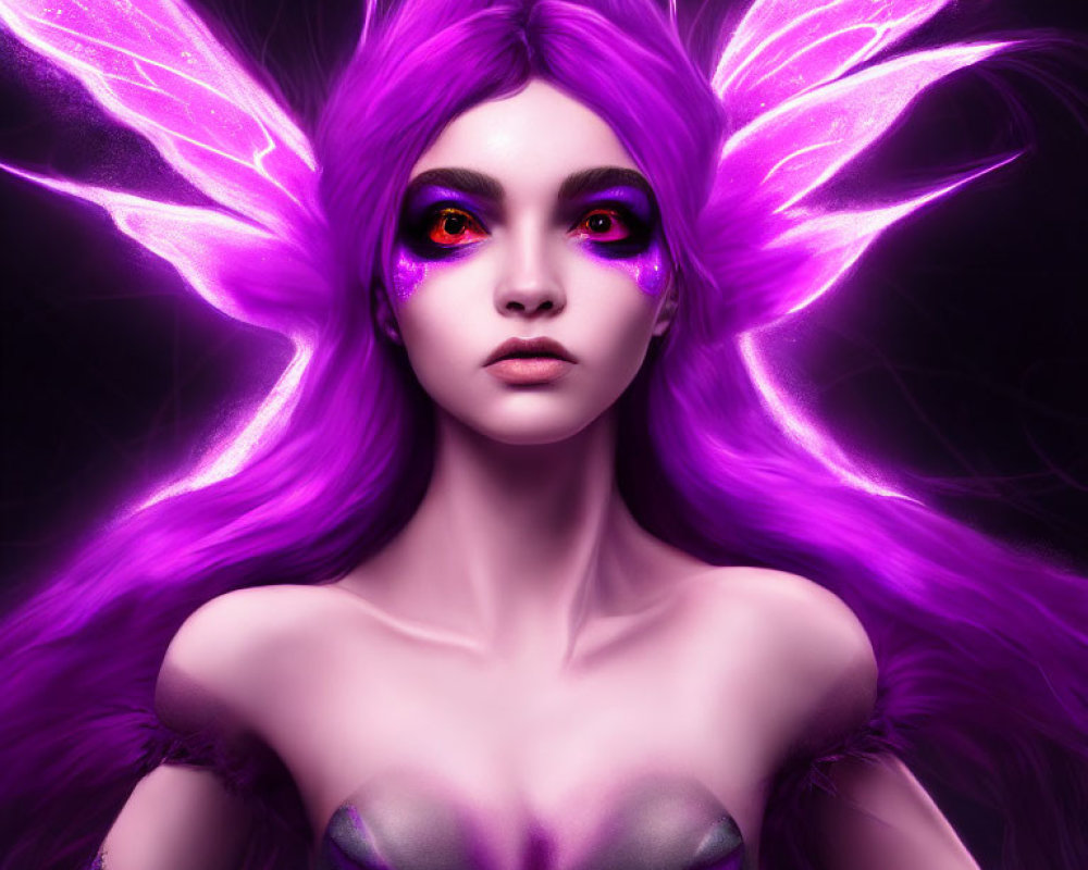 Fantasy female character with purple hair and butterfly wings.