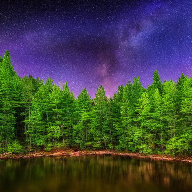 Starry night sky over forest and lake landscape