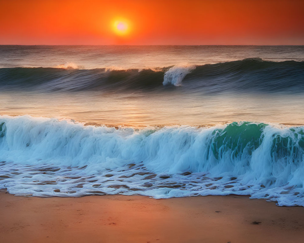 Vibrant orange sunset over crashing ocean waves