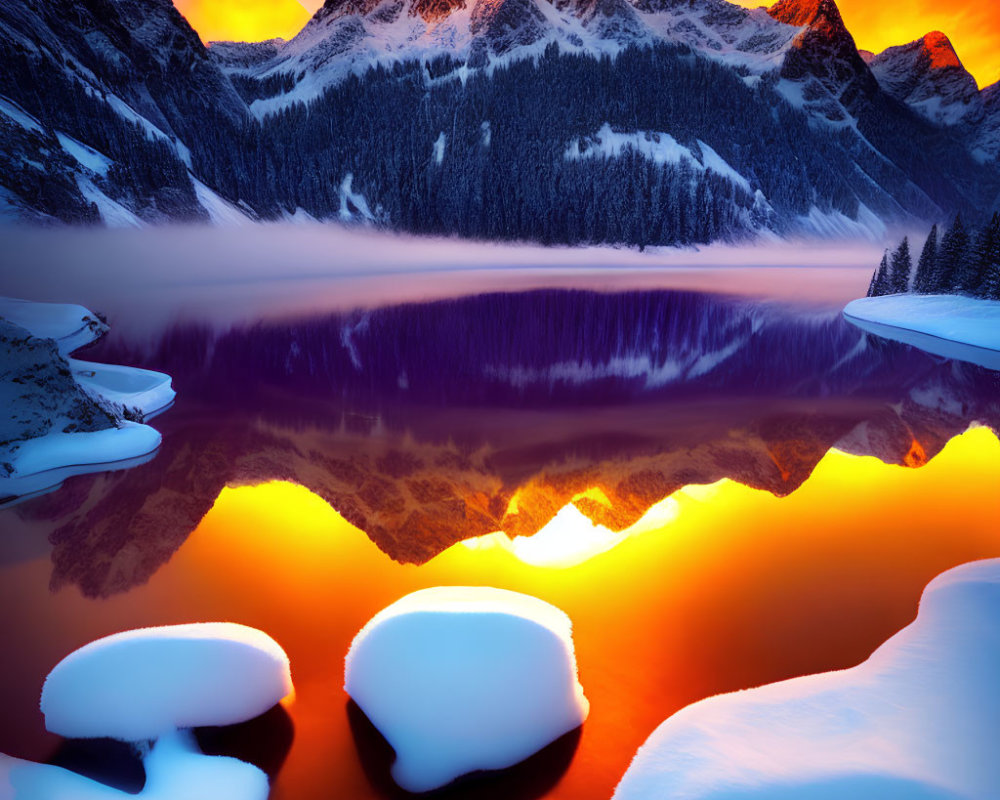 Snow-covered mountain range at fiery sunset over tranquil lake