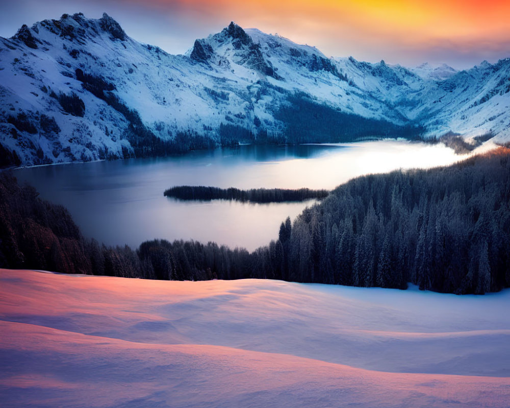Snowy Mountain Landscape at Sunrise with Lake and Forest