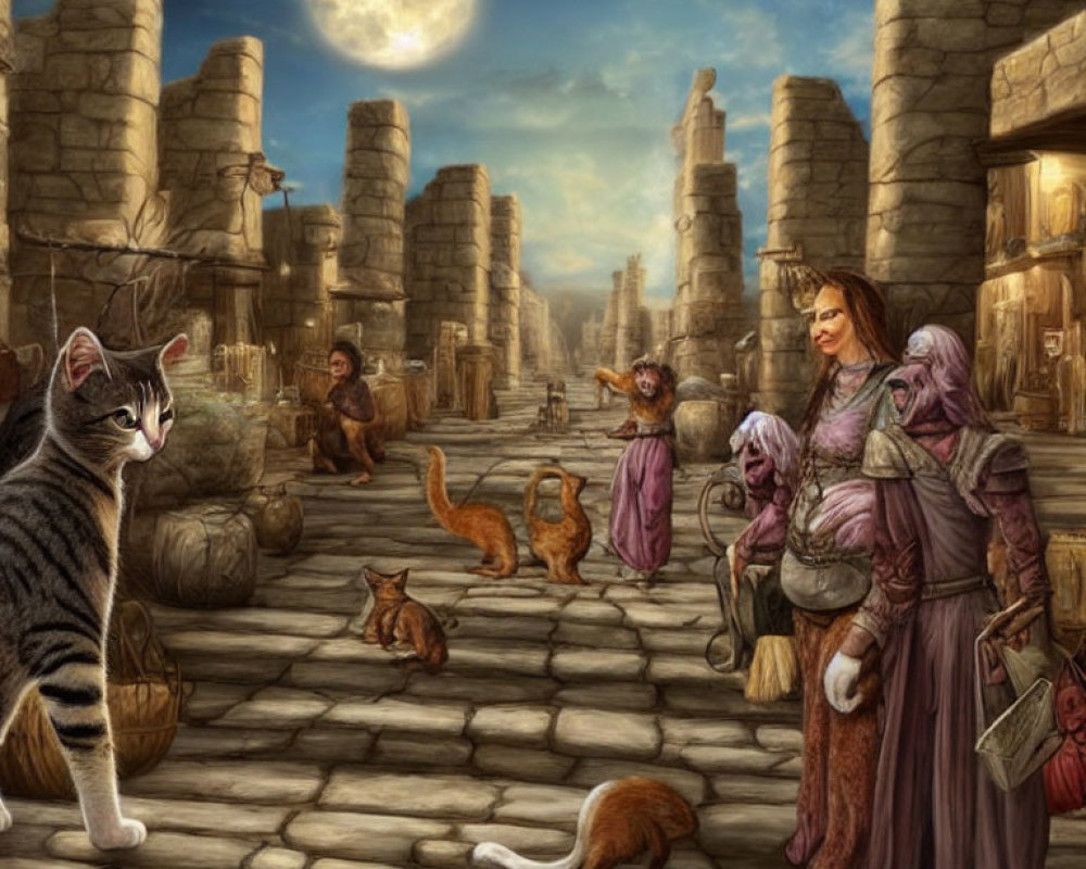 Anthropomorphic cats in historic city under full moon with giant cat.