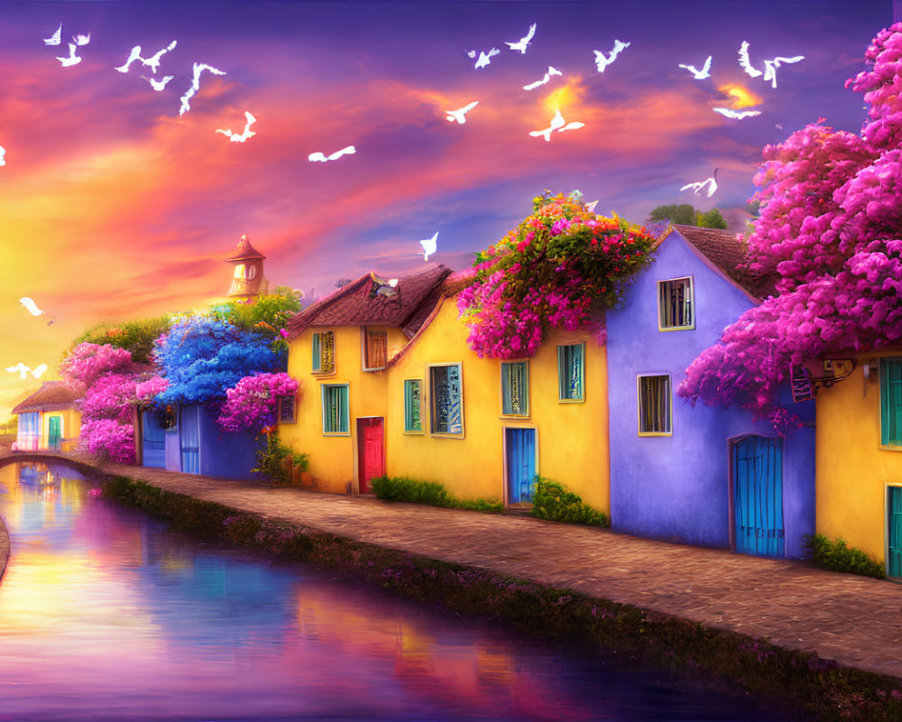 Colorful houses and blooming trees on cobbled street by canal at sunset