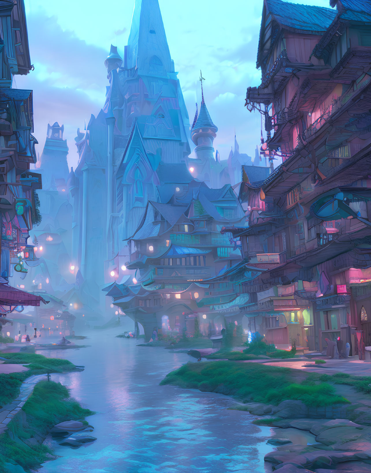Illuminated Fantasy Cityscape at Dusk