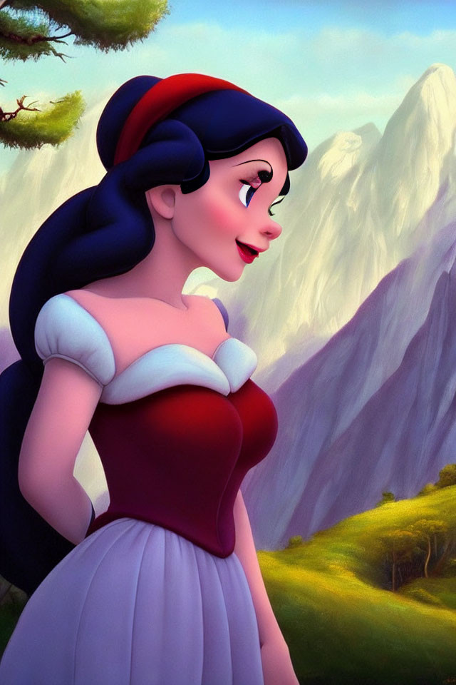 Snow White side profile with blue and red headband, white collar, red dress, mountains, and
