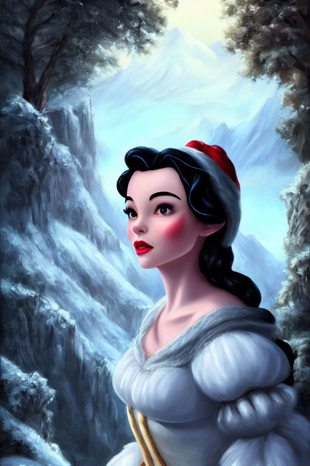 Snow White illustration with red bow in wintry forest