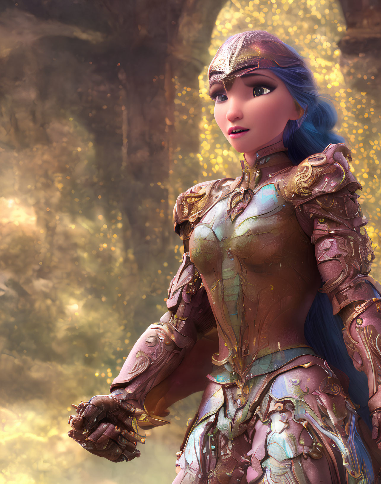 3D-rendered female warrior in blue hair and golden armor on glowing background