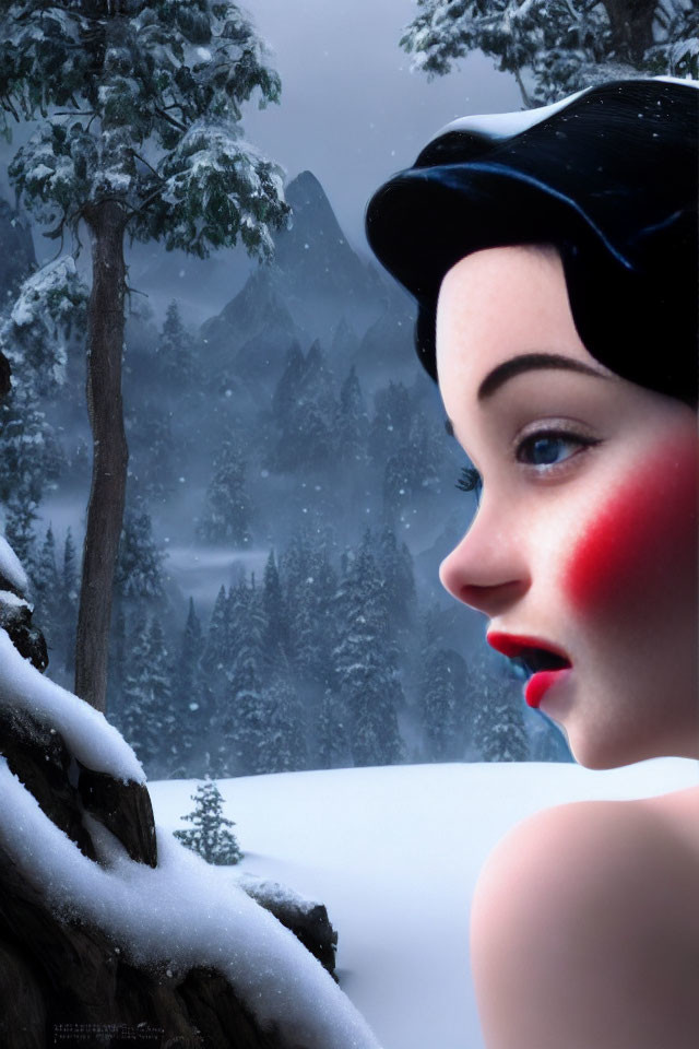 Snow White 3D illustration in snowy forest setting with pine trees and mountains.