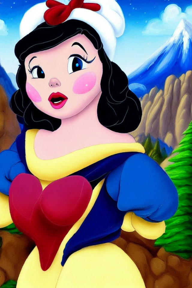 Snow White illustration in blue and yellow dress with red ribbon, mountainous backdrop.