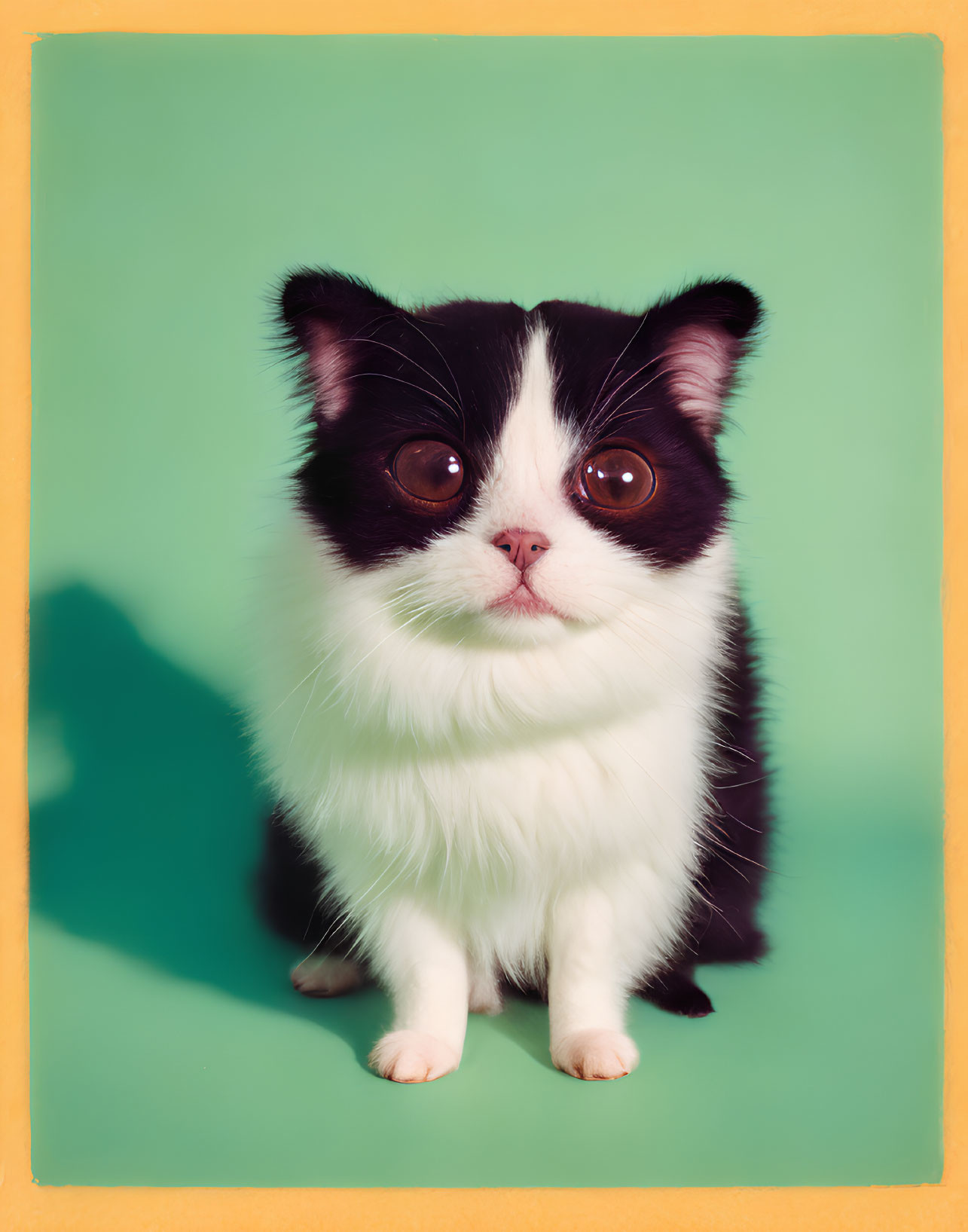 Black and white cat with large, striking eyes against green background