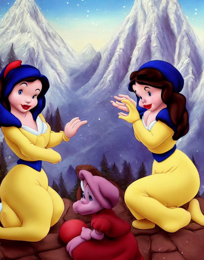 Animated female characters in yellow and blue dresses with a dwarf against a mountain backdrop