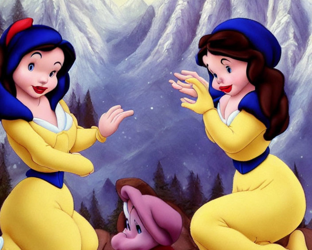 Animated female characters in yellow and blue dresses with a dwarf against a mountain backdrop