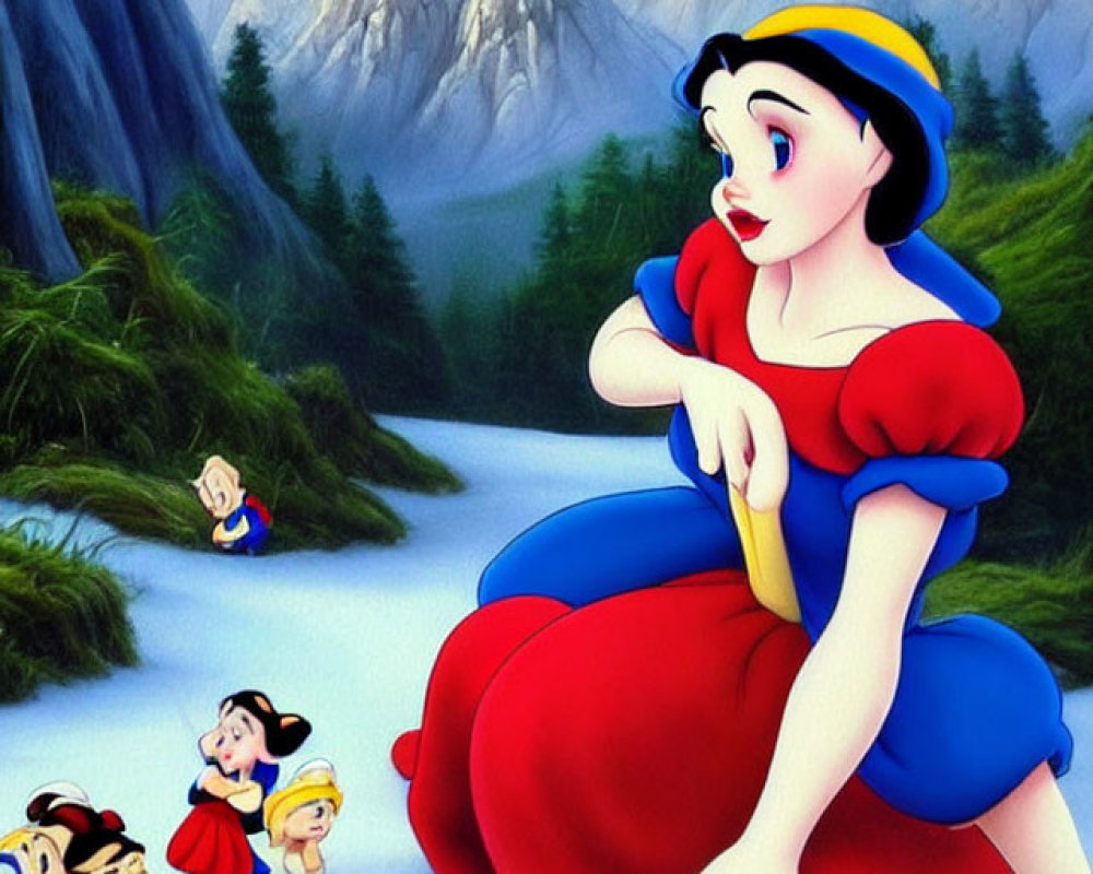 Animated princess in red and blue dress with seven small characters in forest clearing against mountain backdrop