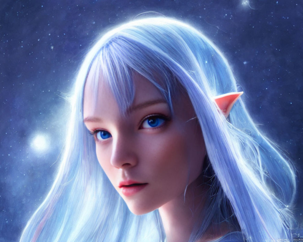Digital artwork: Pale-skinned female with pointed ears and long blue hair in cosmic setting