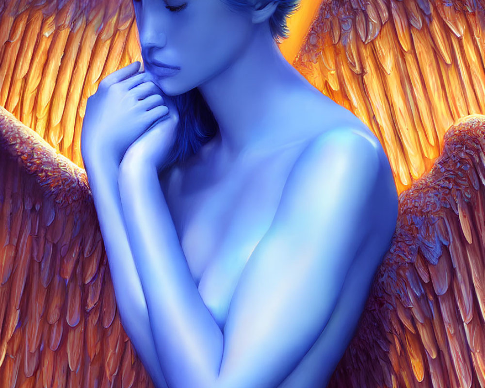 Blue-skinned figure with golden wings against blue background