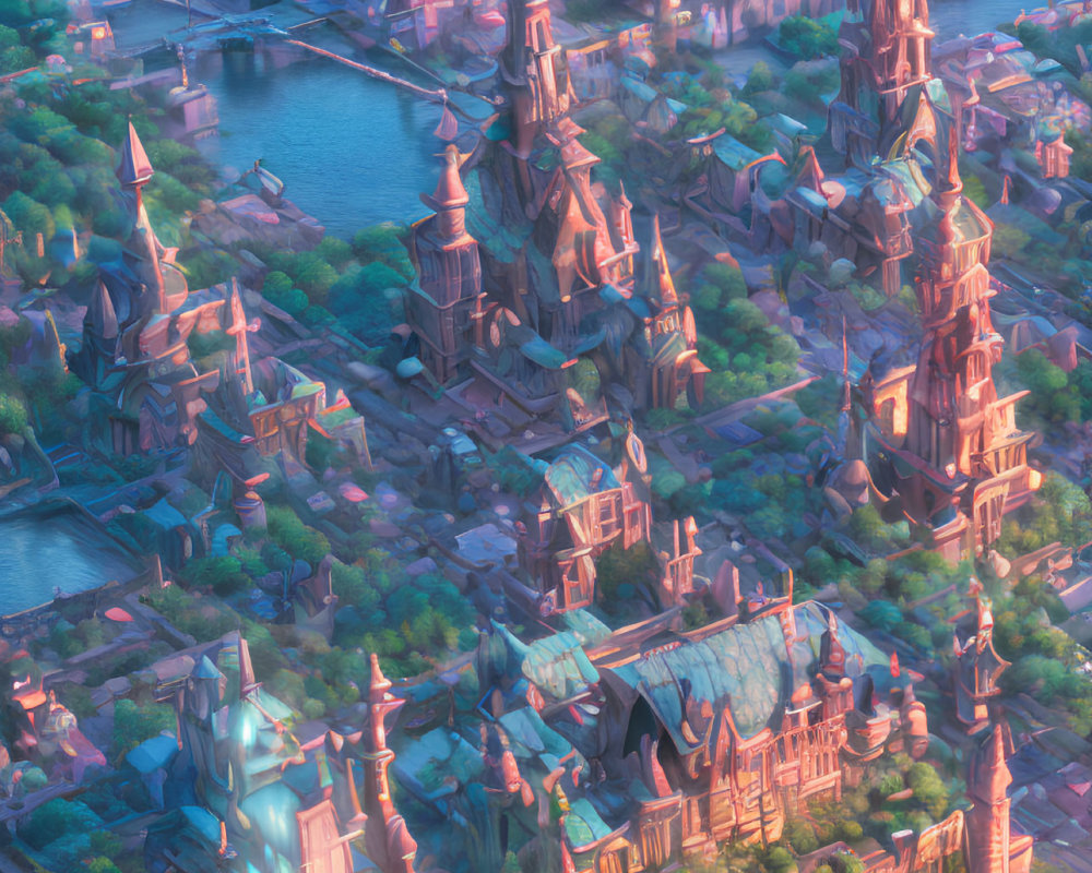 Fantastical cityscape at dawn with towering spires and waterways