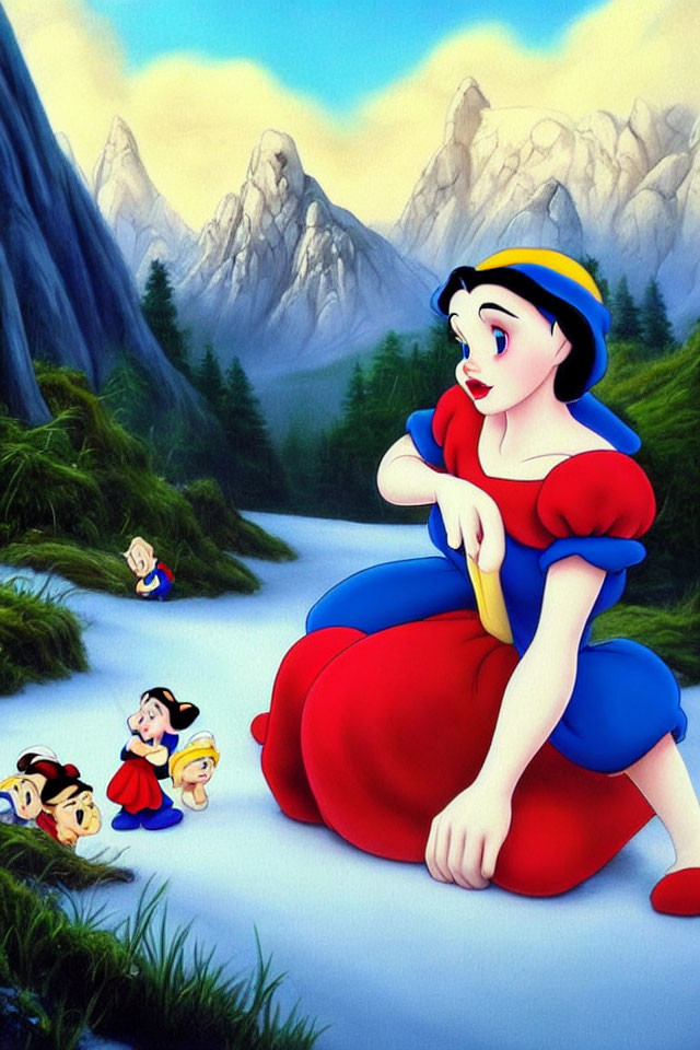 Animated princess in red and blue dress with seven small characters in forest clearing against mountain backdrop