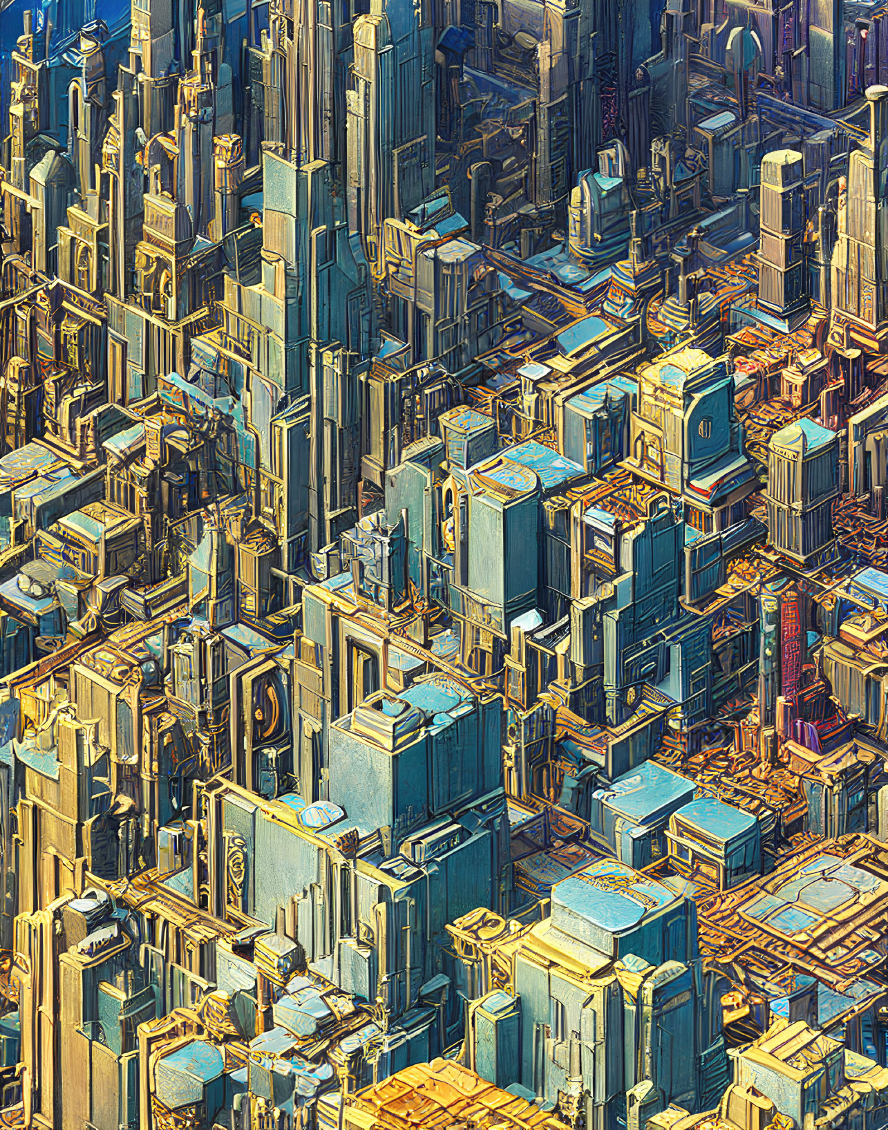 Detailed Blue and Gold Futuristic Cityscape with Metallic Skyscrapers