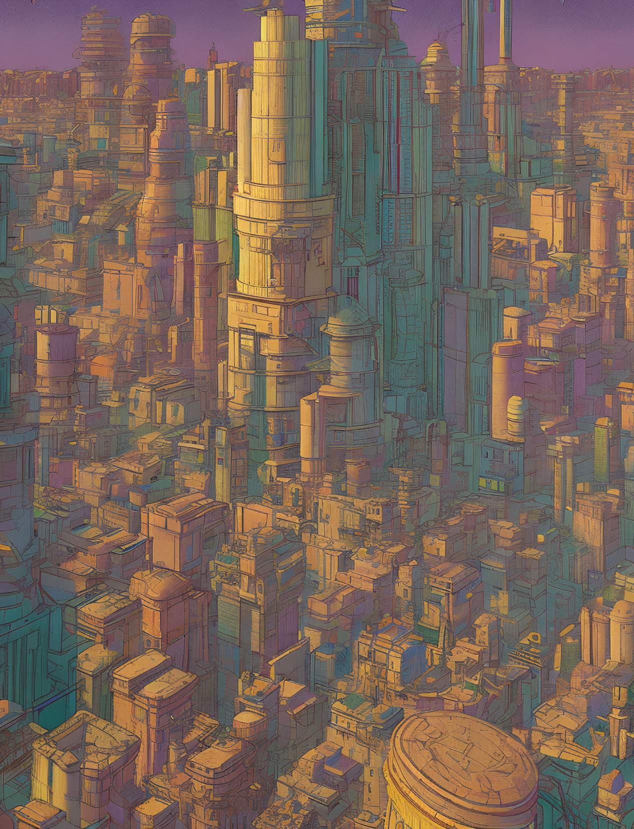 Densely Packed Futuristic Cityscape at Sunset