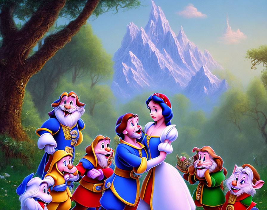 Enchanted forest scene with animated princess and seven dwarfs