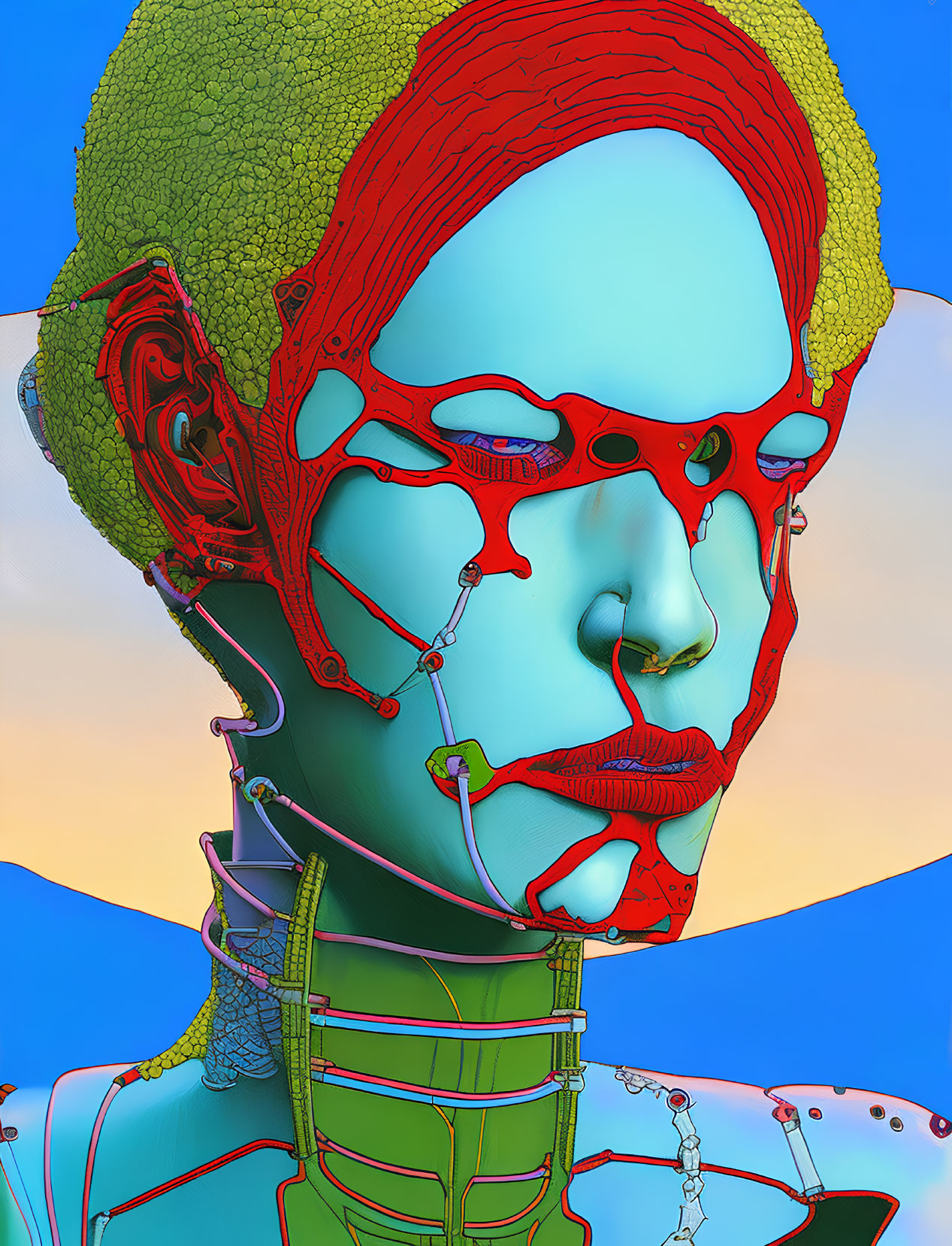 Colorful Digital Artwork: Humanoid Figure with Cybernetic Features on Blue and Orange Background