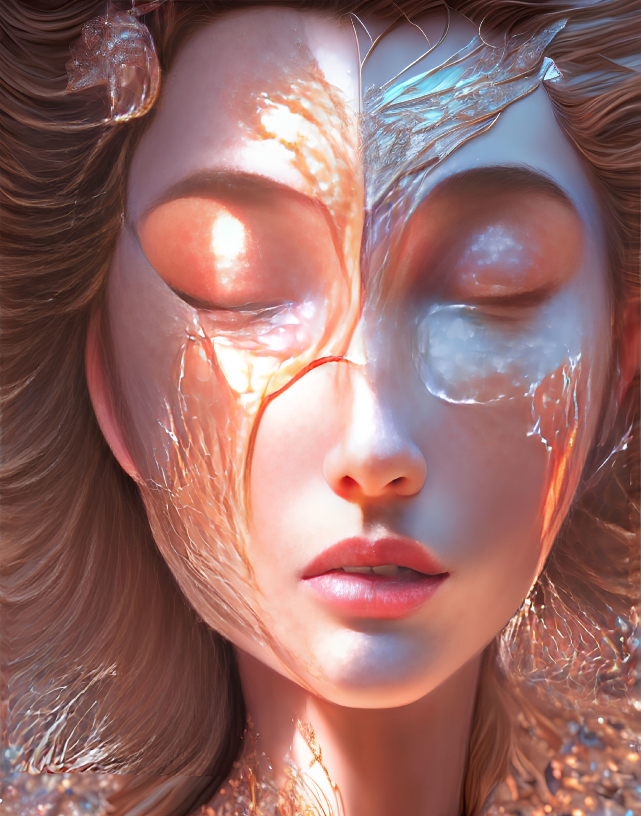 Digital Art: Close-Up Woman's Face with Translucent, Glowing Skin & Golden Foliage
