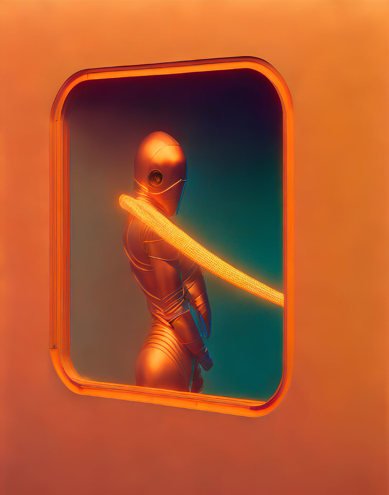 Astronaut in reflective orange suit touching glowing light ribbon in rounded square portal