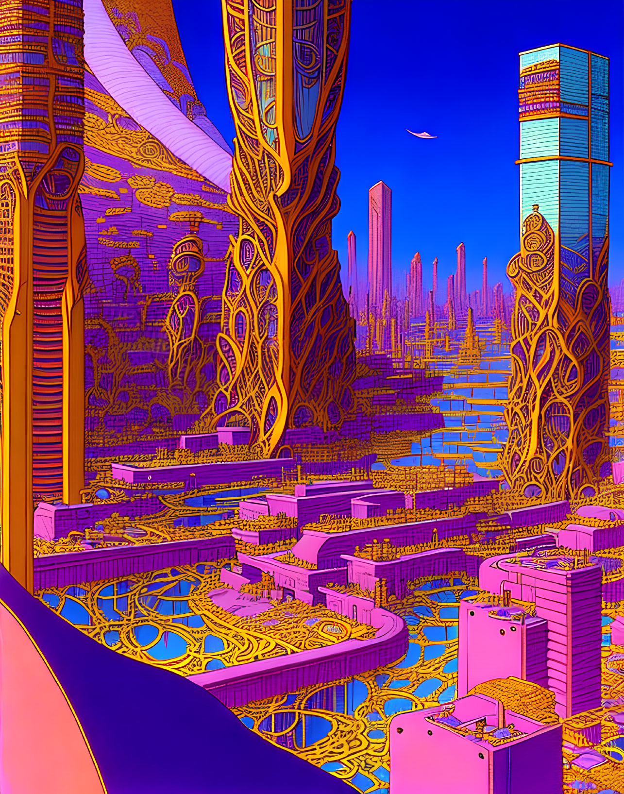 Futuristic cityscape with golden structures and skyscrapers