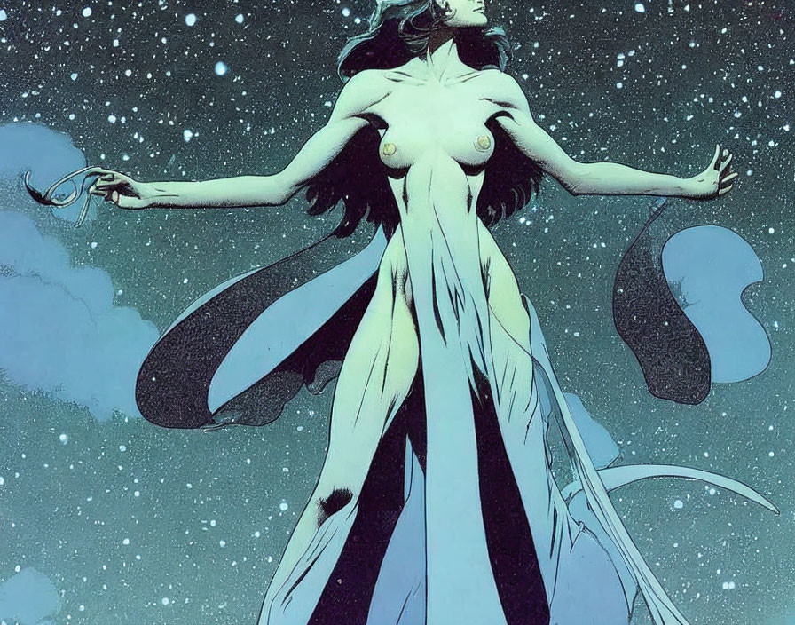 Illustration of female figure in flowing dress under starry night sky