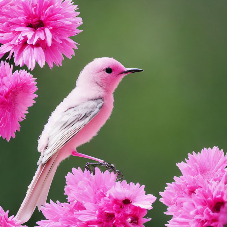 Pink bird on branch with pink flowers and green background