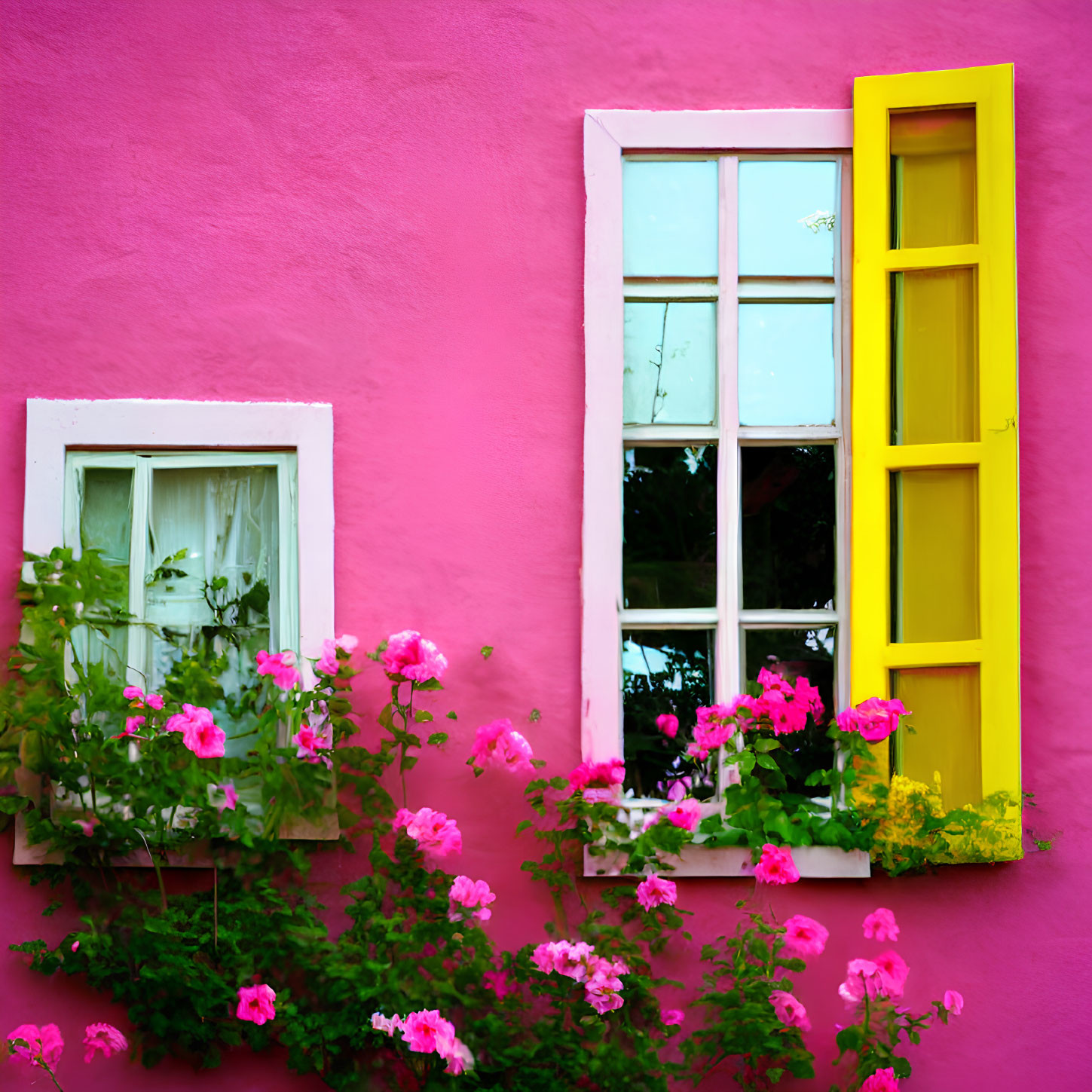 Vibrant Pink Wall with White and Yellow Window Frames and Pink Flowers