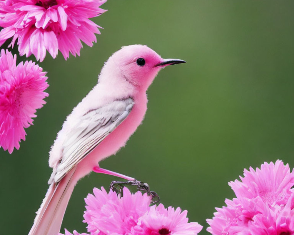 Pink bird on branch with pink flowers and green background