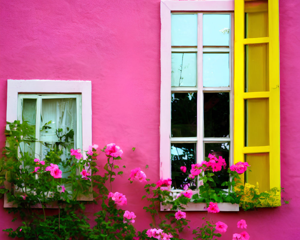 Vibrant Pink Wall with White and Yellow Window Frames and Pink Flowers