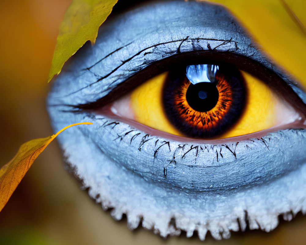 Vibrant orange eye with blue skin paint against autumn leaves