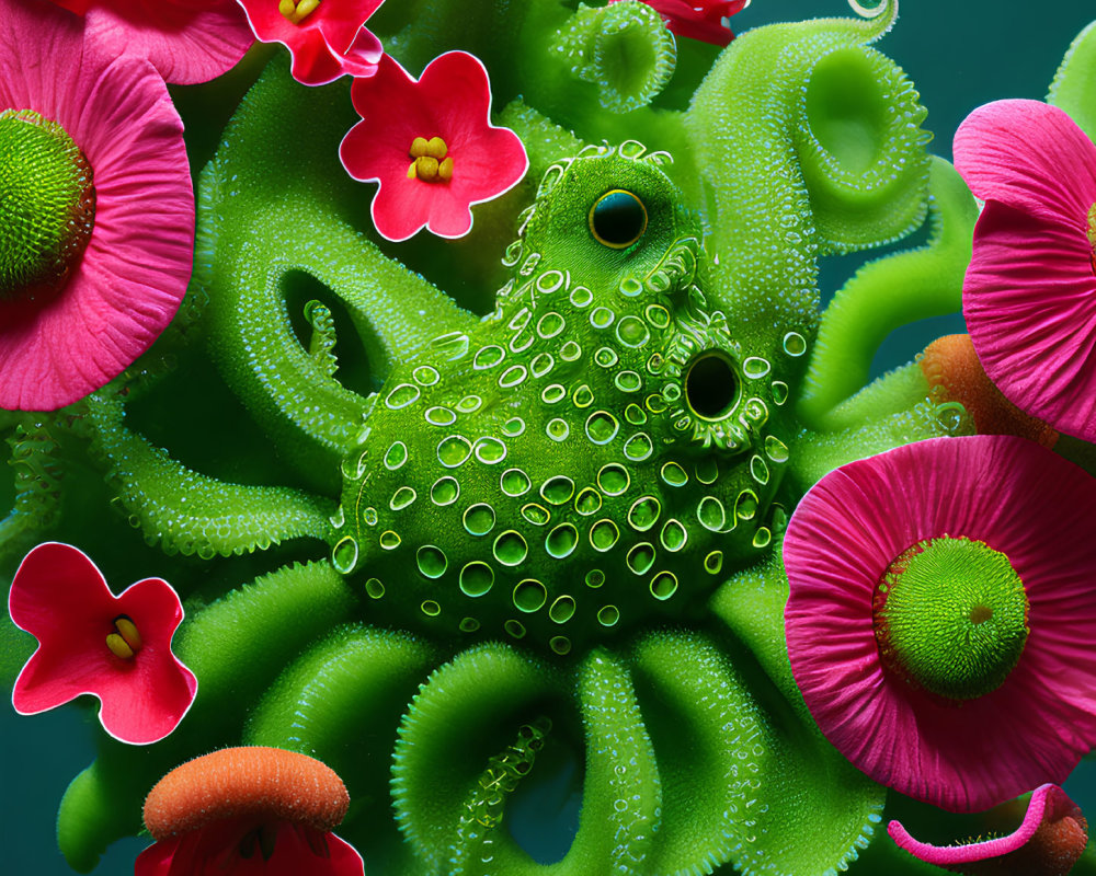 Colorful Octopus-Like Creature Surrounded by Red Flowers