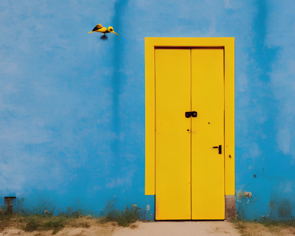 Bright Yellow Door on Blue Wall with Bird and Dirt Ground
